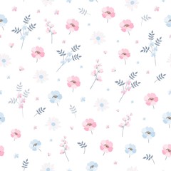 Wall Mural - Delicate ditsy floral pattern. Seamless vector design with light blue and pink flowers on white background. Print for fabric, bedding, wallpaper.