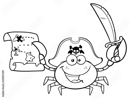 Black And White Pirate Crab Cartoon Mascot Character Holding A