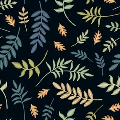  Embroidery seamless pattern with different leaves on black background. Vector illustration.