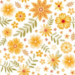 Embroidery seamless pattern with cute yellow flowers and green leaves on white background. Fashion embroidered design for fabric, textile, wallpaper. Vector illustration.