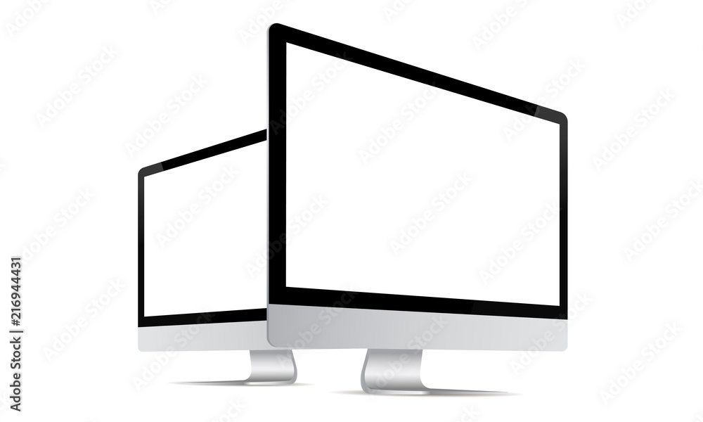 Computer monitor mock up with perspective side view isolated on white background. Vector illustration  - obrazy, fototapety, plakaty 
