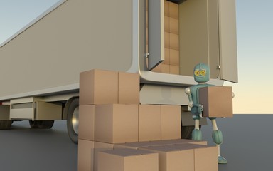 Wall Mural - Retro Robot with Shipping Boxes load in truck Render 3d