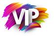 White vip sign with colorful brush strokes.