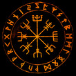 Handpainted vegvisir, glowing protection runes and a viking compass isolated on black ground