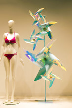 Shop Window With Swimwear With Decorations. Fashion Store