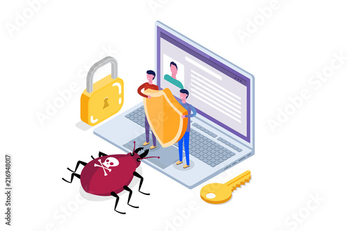 Fotografie, Tablou Computer virus, Data Protection isometric concept, Network data, Internet security, Secure bank transaction