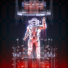 virtual data explorer astronaut / 3d illustration of astronaut in space suit floating up through glo