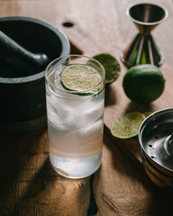 Refreshing beverages of the summer: lime, gin and tonic.