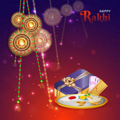 Poster - Beautiful greeting card design with illustration realistic rakhi (Wristband), gift box and worship plate for Raksha Bandhan celebration concept.