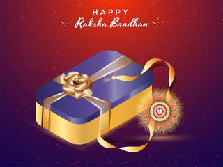 Sticker - Raksha Bandhan celebration background with illustration of gift wrapped tiffin and floral rakhi (Wristband) on shiny purple, red background.