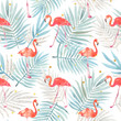 Seamless watercolor pattern with a bird flamingo and tropical leaves. Beautiful pink bird. Tropical flamingo.