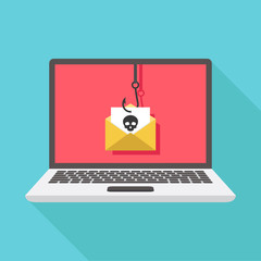 Phishing flat, phishing design, phishing vector, phishing illustration, internet crime phishing via email on a laptop, fishing hook, flat design vector illustration