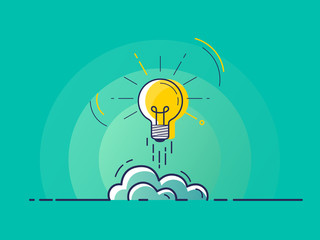 Light bulb rocket launch for idea boost. Trendy flat vector on green background. Vector Illustration.