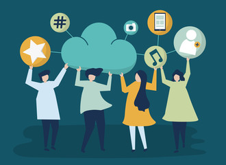 Poster - People holding cloud and social networking icons illustration