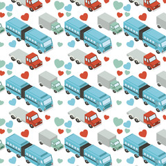 isometrics trucks and hearts pattern background vector illustration design