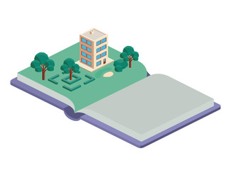 Wall Mural - building and trees isometric scene on book vector illustration design