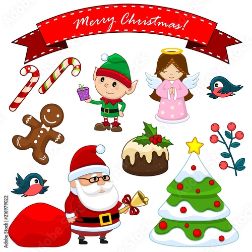 Set Of Objects For Design Elf With A Gift An Angel Santa Claus With Set Of Objects For Design Elf With A Gift An Angel Santa Claus With