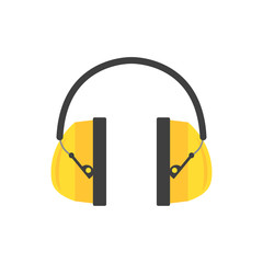 Protective ear muffs. Yellow headphones for construction worker. Professional equipment for hearing safety. Flat vector design