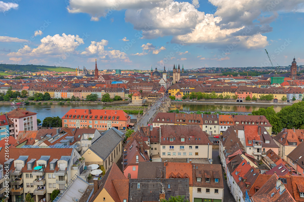 Aerial view of Wuerzburg cityscape from Marienberg Fortress - obrazy, fototapety, plakaty 