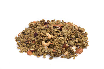 Close up pile Granola isolated on white background.