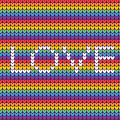 LGBT rainbow knitted seamless pattern with text love. Vector illustration for pride flag.