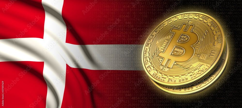 3D rendering: Bitcoin cryptocurrency coin with the national flag of Denmark