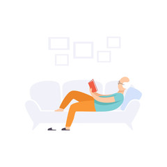 Sticker - Senior man character lying on the sofa and reading a book, elderly people leading an active lifestyle social concept vector Illustration on a white background