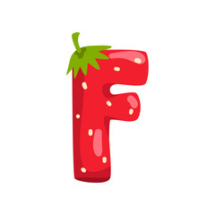 Poster - Letter F of English alphabet made from ripe fresh srawberry, bright red berry font vector Illustration on a white background