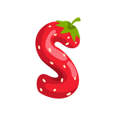 Poster - Letter S of English alphabet made from ripe fresh srawberry, bright red berry font vector Illustration on a white background