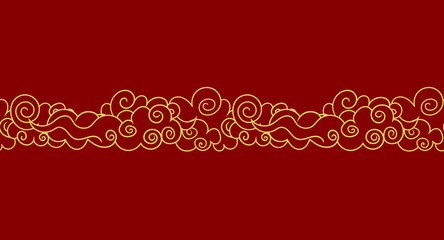 Vector Seamless Oriental Clouds, Golden Outline Illustration, Luxury Design Element, Border Template.