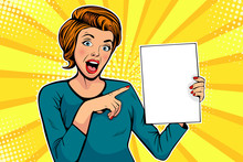 Cartoon Woman Points To A Blank Template. Vector Illustration In Pop Art Retro Comic Style. Advertising Poster, Flyer For Sale, Special Offer, Hot News.