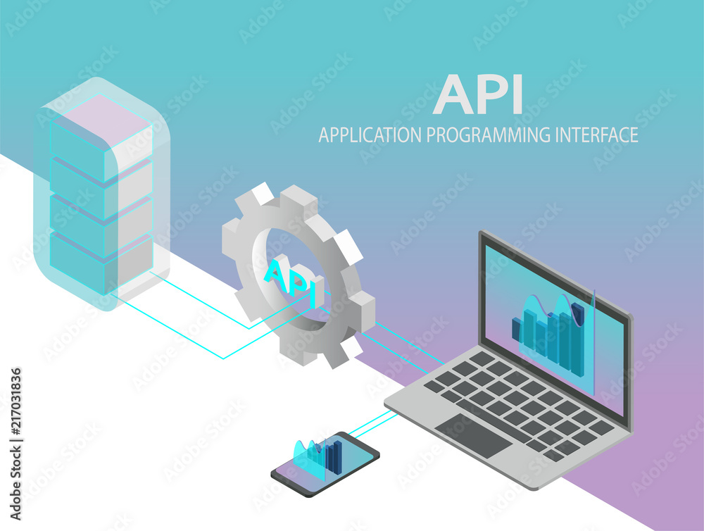 API application programming interface concept vector. Isometric IT illustration. - obrazy, fototapety, plakaty 