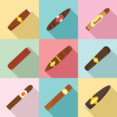 Sticker - Cigar cuban paper weed cigarette icons set. Flat illustration of 9 cigar cuban paper weed cigarette vector icons for web