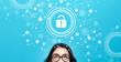 Unlock concept with young woman on a blue background