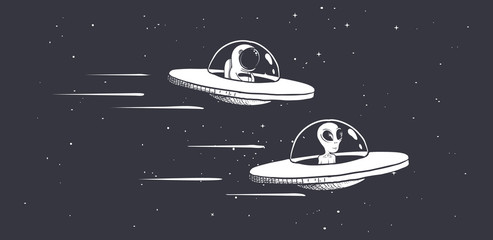 competition astronaut and aliens on flying saucers in outer space.vector illustration