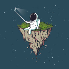 Wall Mural - astronaut make selfie on flying island from earth in outer space