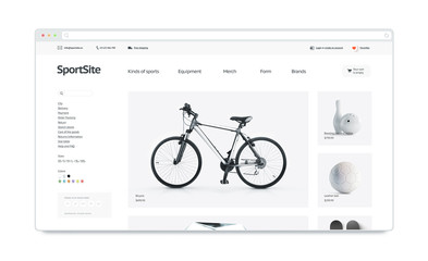 Wall Mural - Sport webstore site template mock up isolated, 3d illustration. Training web page interface mockup. Internet website template. Web store screen layout for computer display.