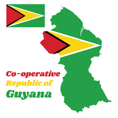 map outline of guyana, a green field with the black red triangle and white golden triangle, also bas