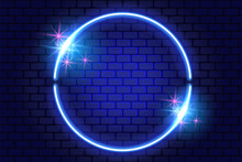 Neon Round Frame With Sparkle Stars On Brick Wall For Decoration Signboard