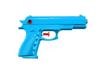 blueplastic water toy gun shaped llike a real one on white background