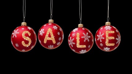 Wall Mural - Sale banner on red Christmas balls with round snow flake on black background. 4K