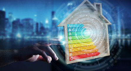 Wall Mural - businessman using 3d rendering energy rating chart in a wooden house