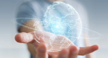 Wall Mural - businessman using globe network hologram with america usa map 3d rendering
