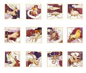 Wall Mural - Set of twelve signs of the zodiac, watercolor in retro style. Isolated on a dark  pattern background