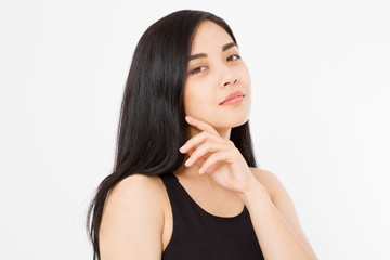 Wall Mural - Young asian woman with brunette healthy clean shiny hair isolated on white background. Girl long hairstyle. Copy space. Skin care