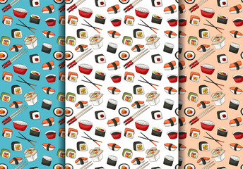 Sushi rolls seamless pattern set. Asian food restaurant menu repeat background concept. Vector illustration.