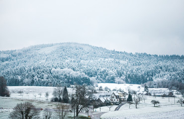 Southern German countryside landscape at winter, village near Black forests in snow