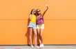 © Syda Productions - fashion, leisure and technology concept - smiling teenage girls taking selfie by smartphone and showing peace outdoors in summer