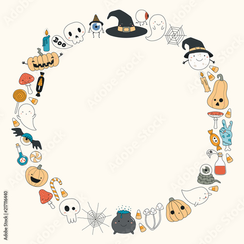 Hand drawn vector illustration of a kawaii funny Halloween wreath, with pumpk...