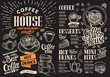 Coffee restaurant menu on chalkboard. Vector drink flyer for bar and cafe. Design template with vintage hand-drawn food illustrations.